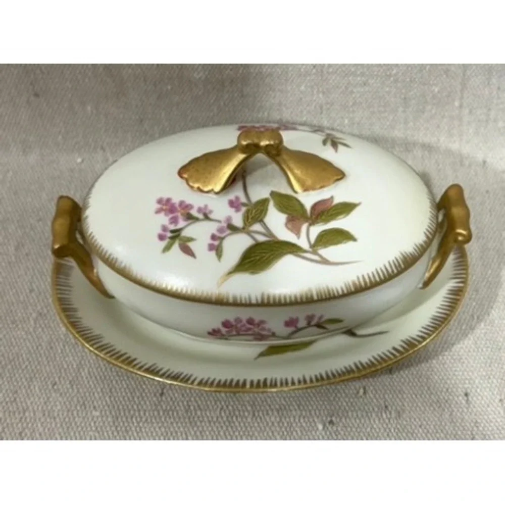Vintage Floral Porcelain Lidded Tureen and Underplate Set Gold Gilt 6623